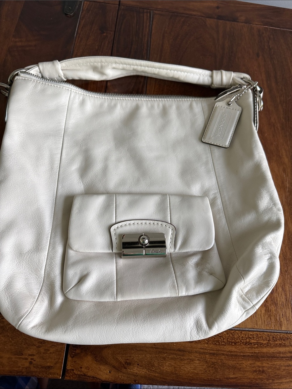 Coach White Leather Shoulder Hobo Bag with Front Pocket